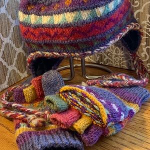 Wool Hat & Gloves SET Knit Nepal Open Fingers
